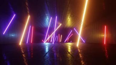 摘要霓虹灯背景。 穿过霓虹灯线的走廊。 科幻背景。 无缝圈4k动画.